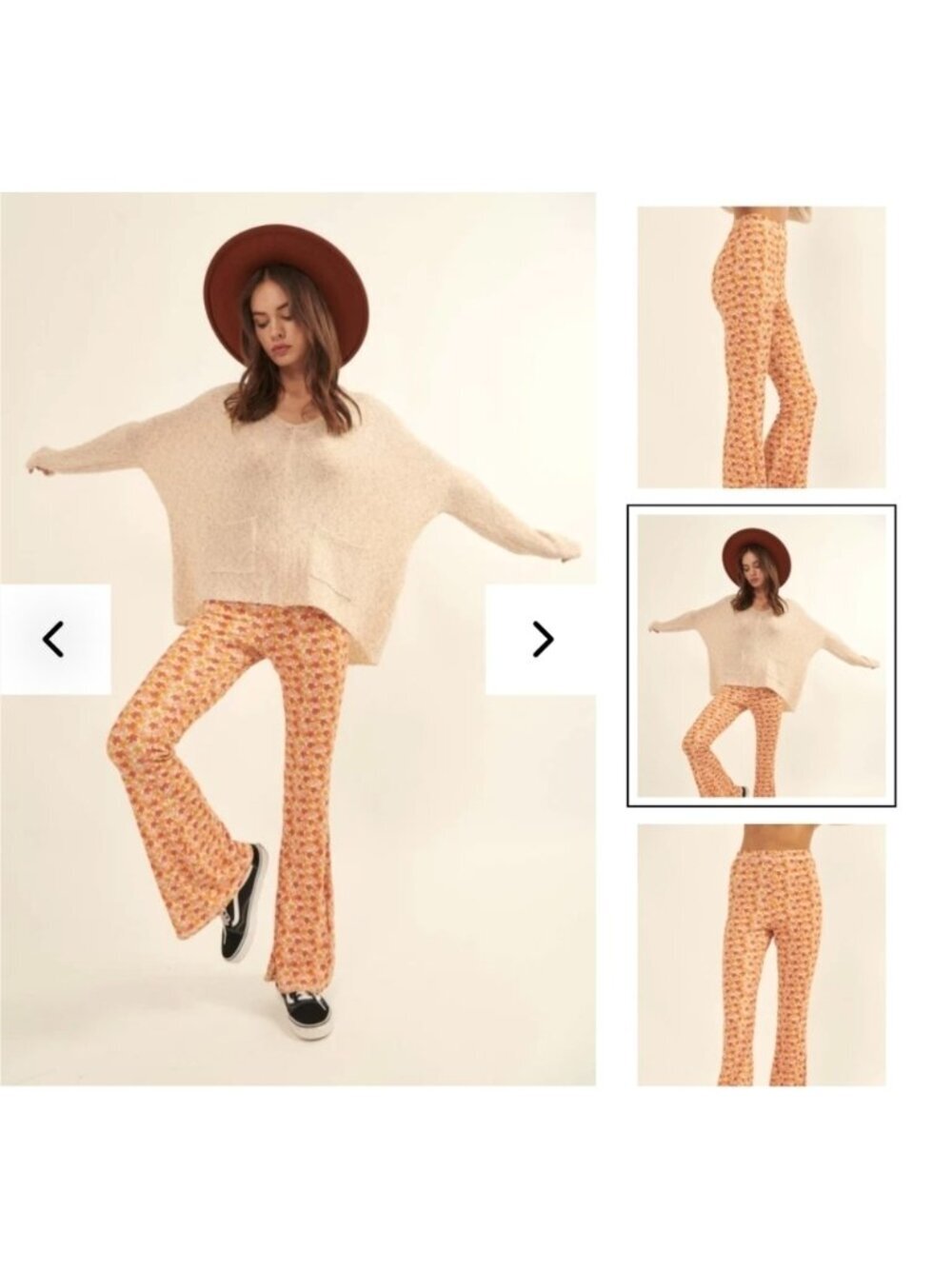 Arula Floral-print ribbed knit pants, Boho Flare Fitted Cream Pants Sz 0x